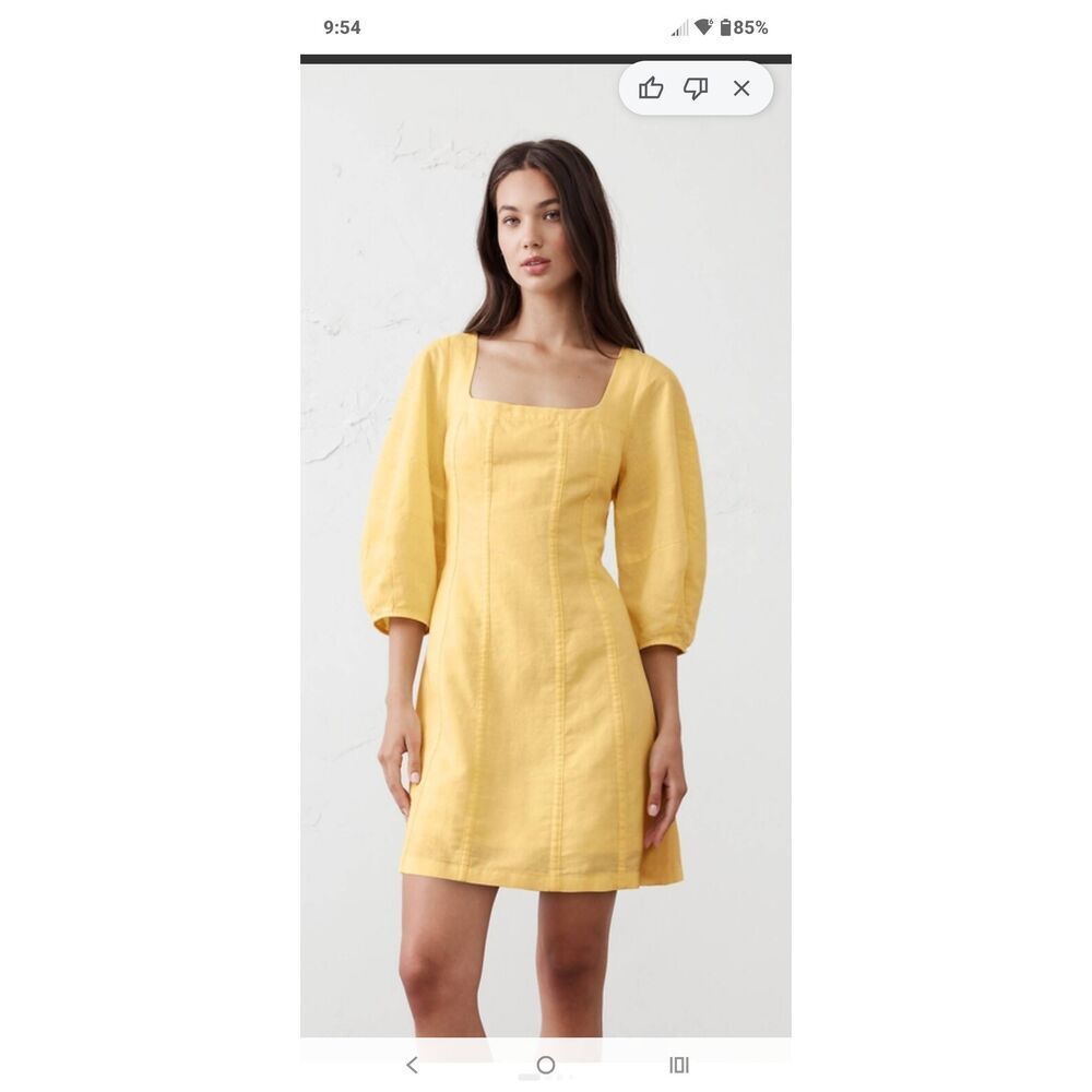 Linen-Blend Seamed Mini Dress Banana Republic Size 4 3/4 sleeves Square neck Yel